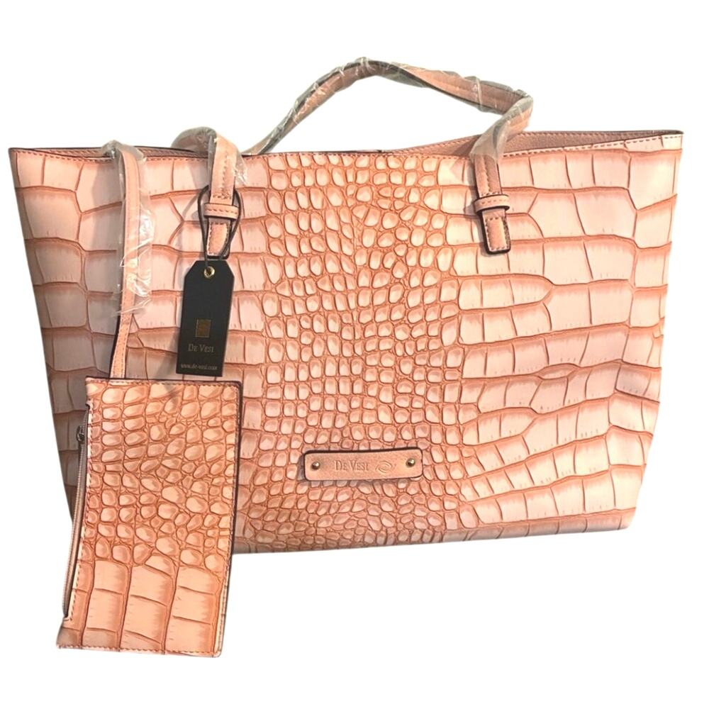 De Vesi Blush Crocodile Pattern Tote Bag. Pink Rose 16”W X 11”L